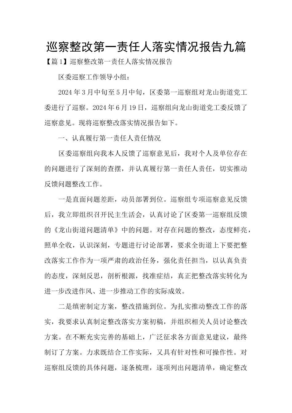 巡察整改第一责任人落实情况报告九篇_第1页