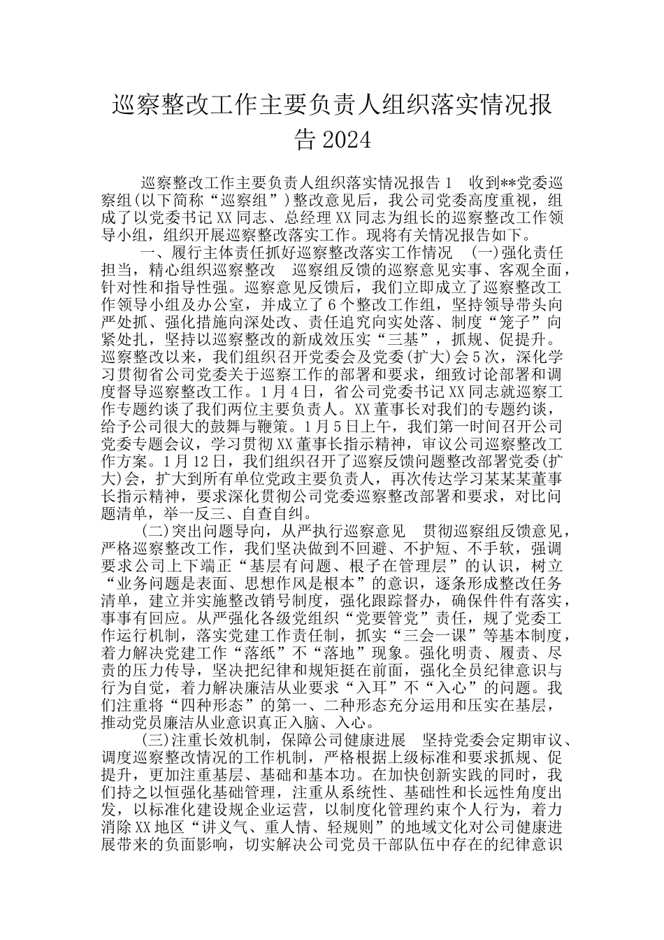巡察整改工作主要负责人组织落实情况报告2024_第1页