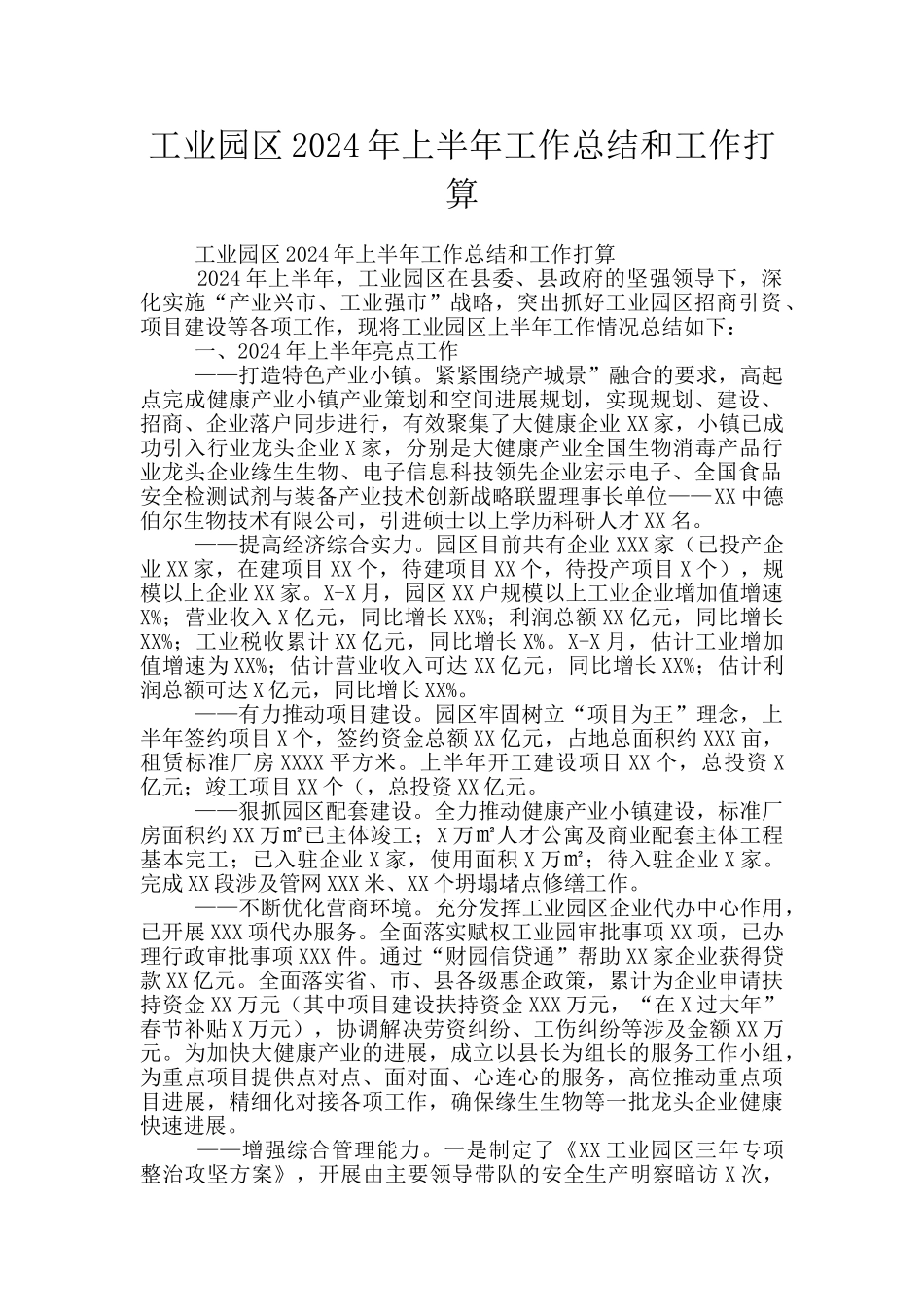工业园区2024年上半年工作总结和工作打算_第1页