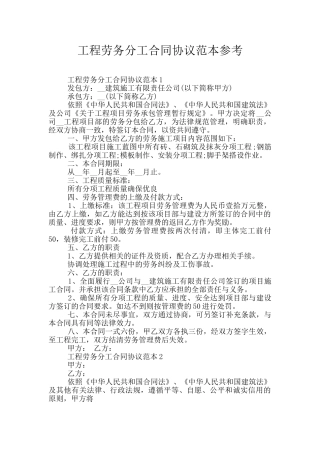 工程劳务分工合同协议范本参考