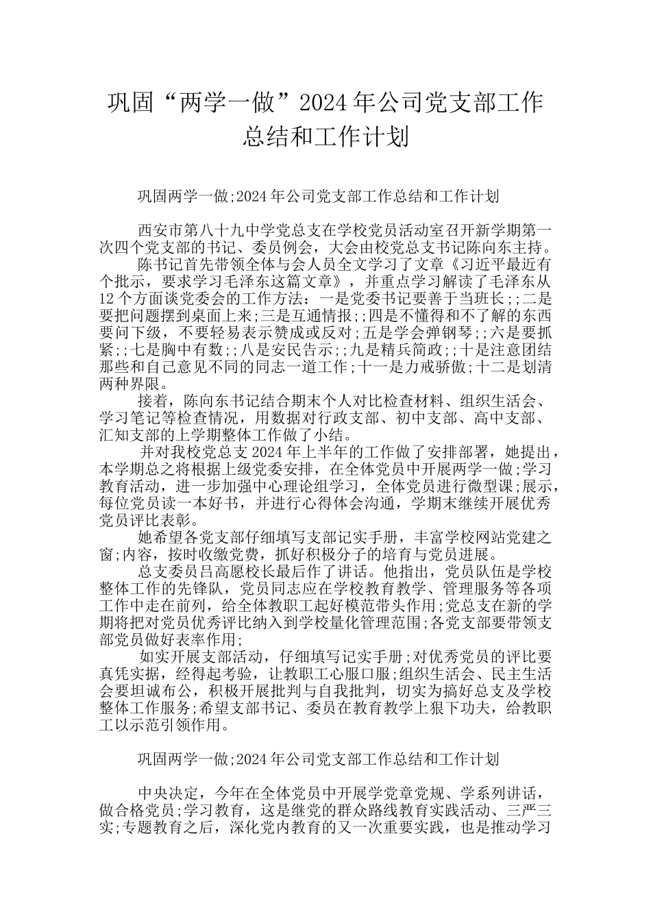 巩固“两学一做”2024年公司党支部工作总结和工作计划_第1页