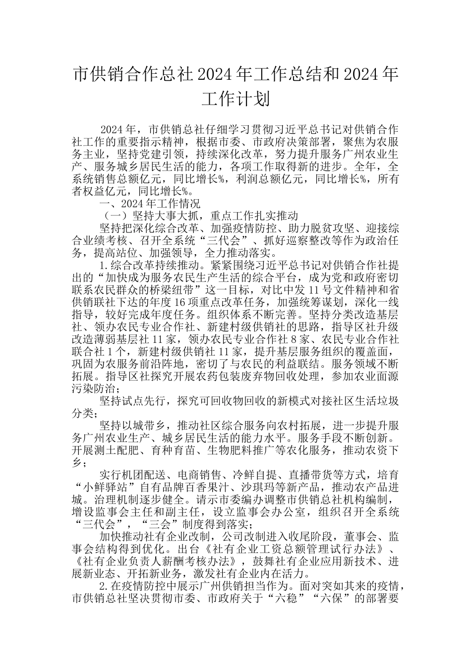 市供销合作总社2024年工作总结和2024年工作计划_第1页