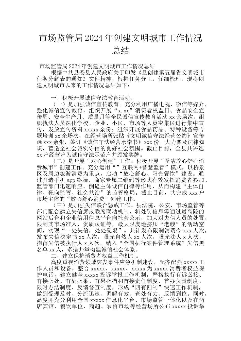 市场监管局2024年创建文明城市工作情况总结_第1页