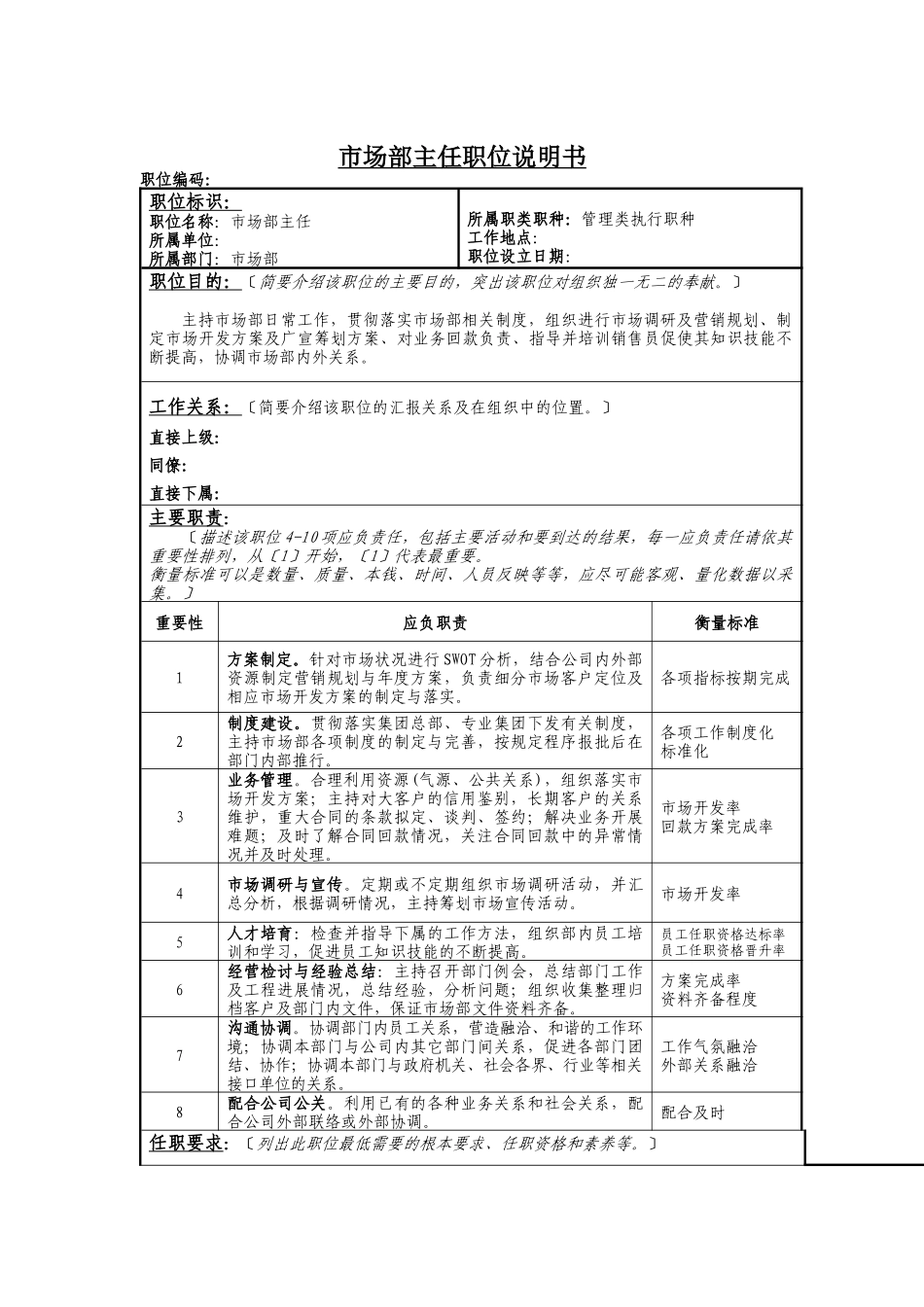 市场部主任岗位说明书_第1页