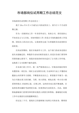 市场部岗位试用期工作总结范文