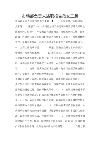 市场部负责人述职报告范文三篇