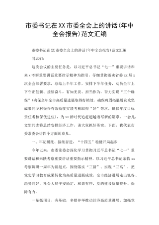 市委书记在XX市委全会上的讲话范文汇编