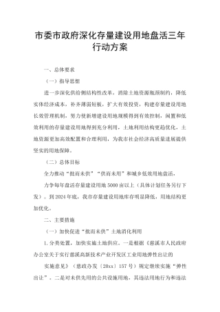 市委市政府深化存量建设用地盘活三年行动方案
