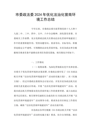 市委政法委2024年优化法治化营商环境工作总结