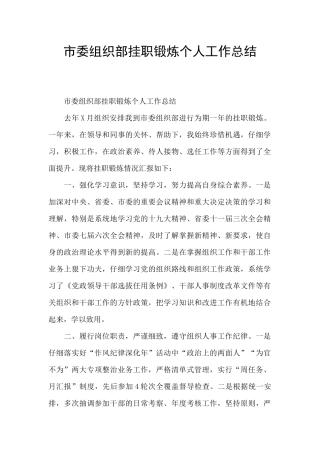 市委组织部挂职锻炼个人工作总结