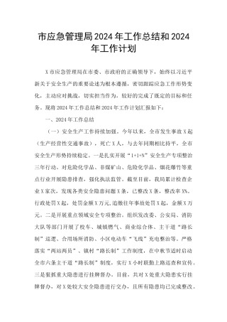市应急管理局2024年工作总结和2024年工作计划