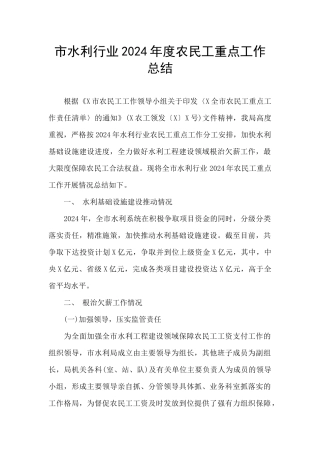 市水利行业2024年度农民工重点工作总结