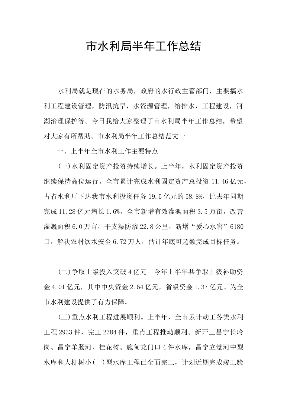 市水利局半年工作总结_第1页