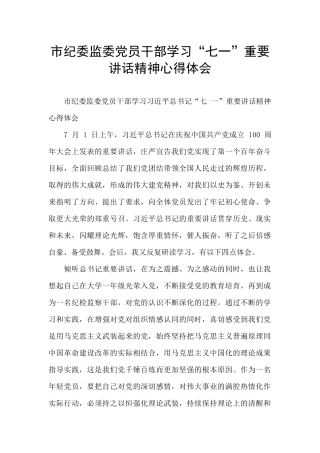 市纪委监委党员干部学习“七一”重要讲话精神心得体会