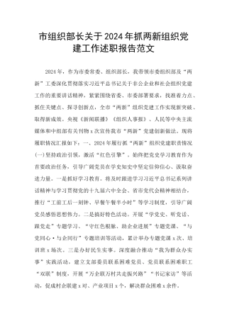 市组织部长关于2024年抓两新组织党建工作述职报告范文