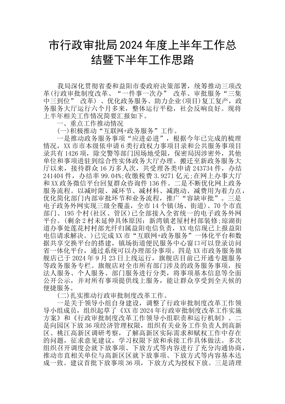 市行政审批局2024年度上半年工作总结暨下半年工作思路_第1页