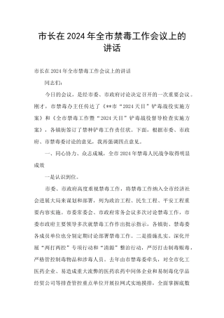 市长在2024年全市禁毒工作会议上的讲话