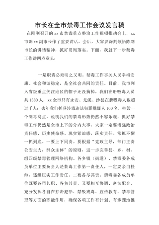 市长在全市禁毒工作会议发言稿