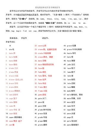 常用见的开音节闭音节词汇