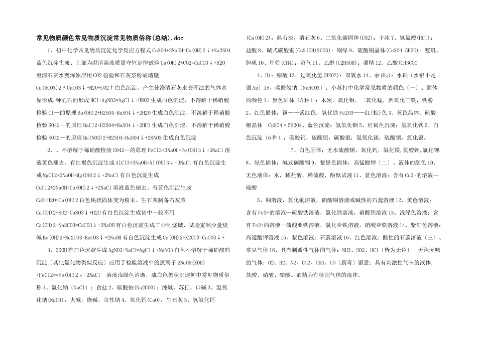 常见物质颜色常见物质沉淀常见物质俗称.doc_第1页