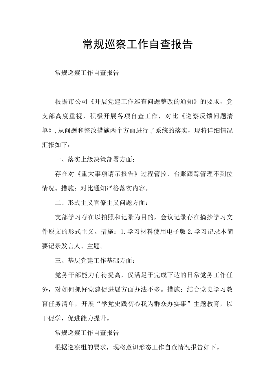 常规巡察工作自查报告_第1页