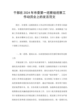 干部在2024年市委第一巡察组巡察工作动员会上的发言范文