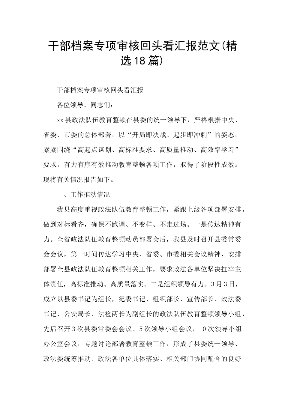 干部档案专项审核回头看汇报范文_第1页