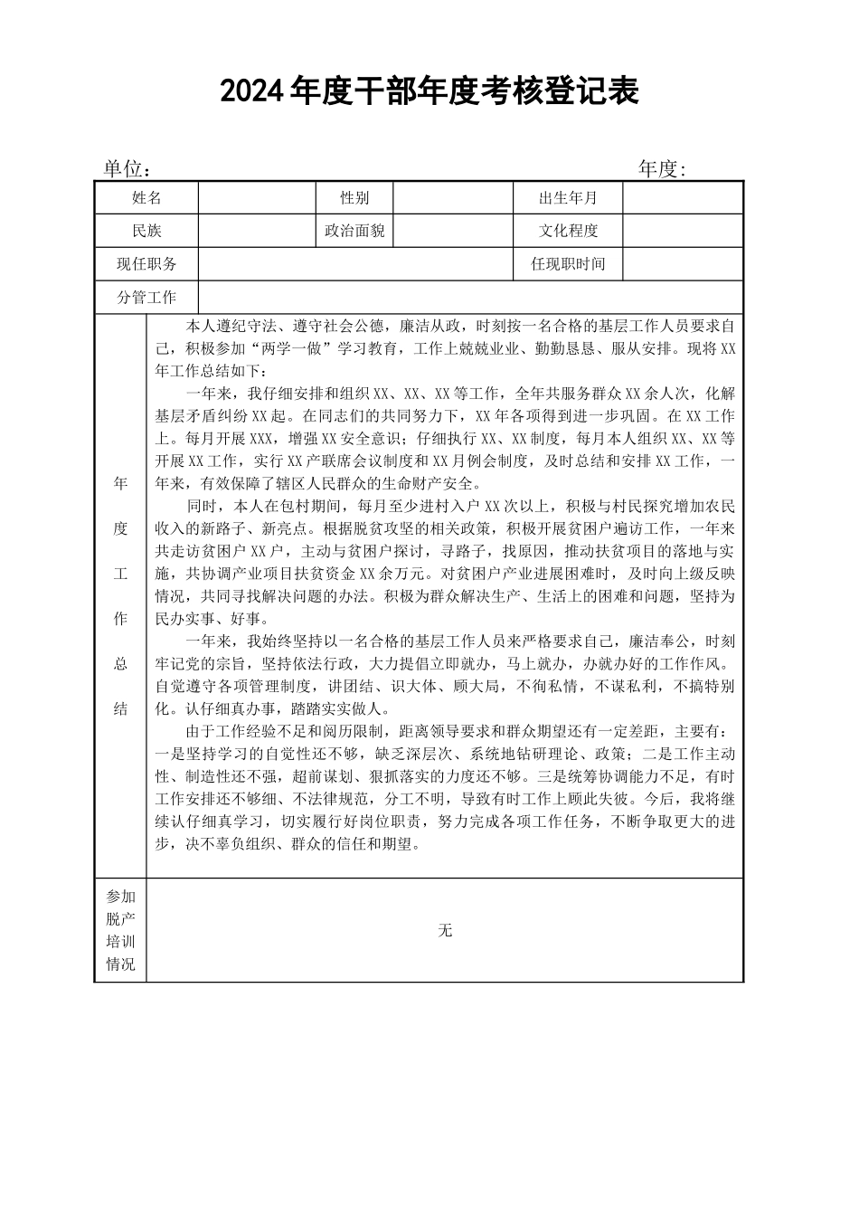 年度干部年度考核登记表填写模板_第1页