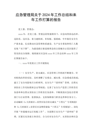 应急管理局关于2024年工作总结和来年工作打算的报告