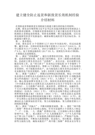 建立健全防止返贫和新致贫长效机制经验介绍材料