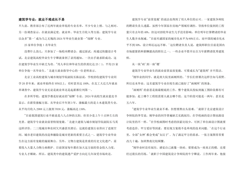 建筑学专业：就业不难成长不易_第1页