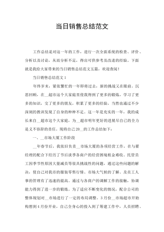 当日销售总结范文