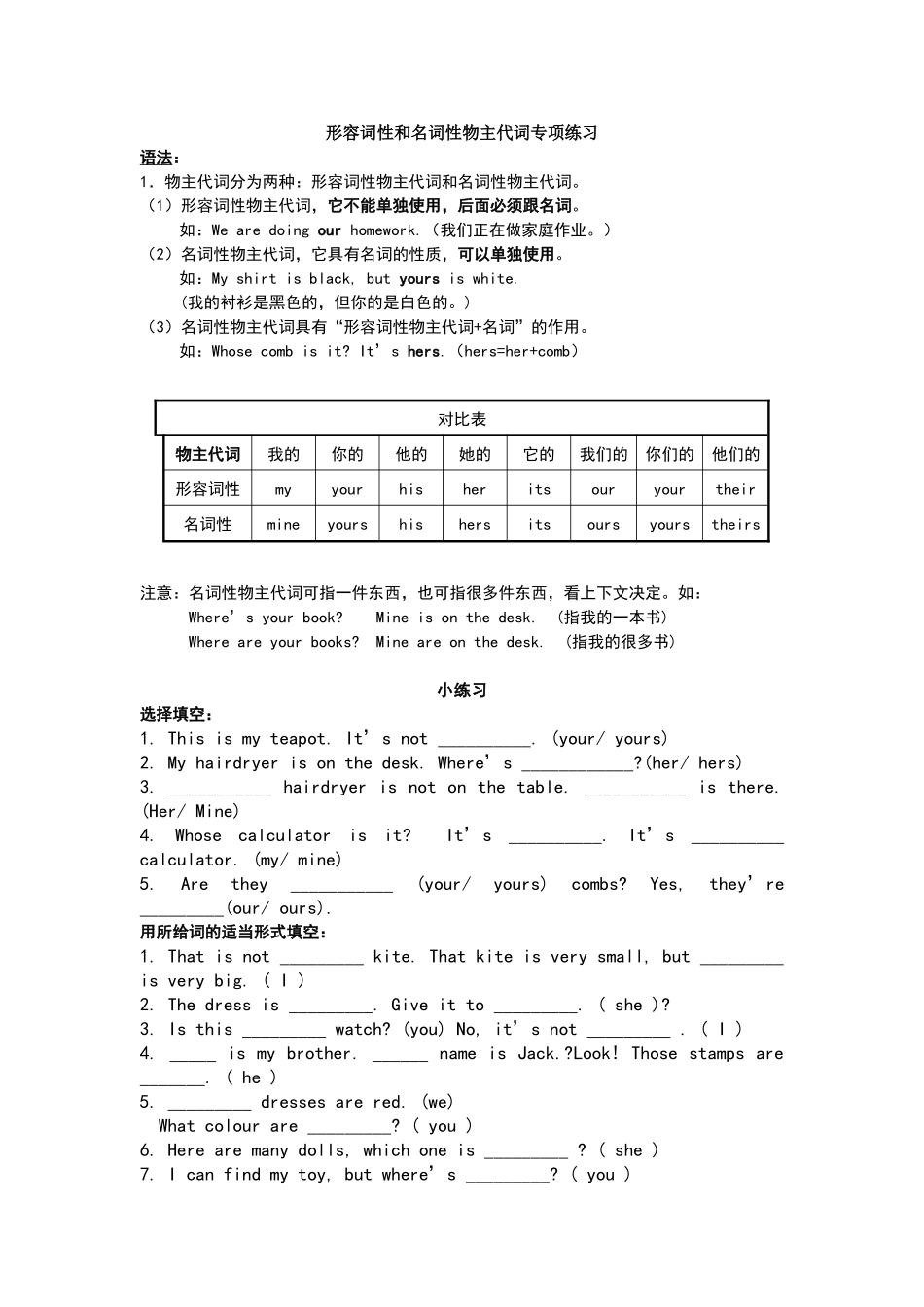 形容词性与名词性物主代词专项练习_第1页