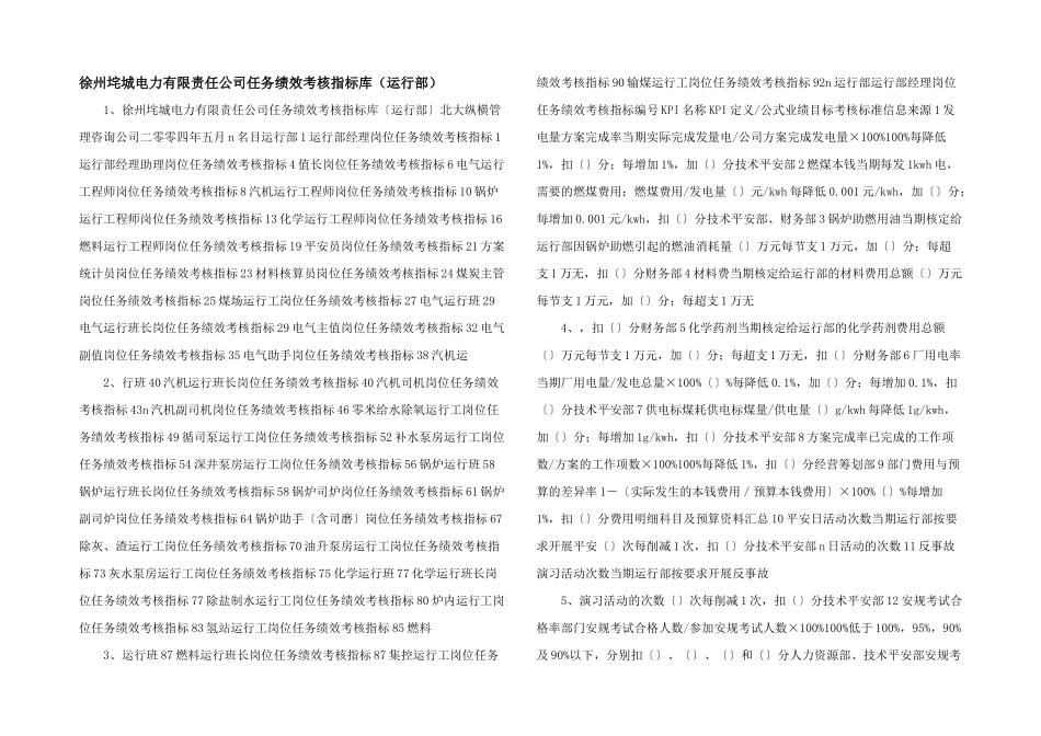 徐州垞城电力有限责任公司任务绩效考核指标库（运行部）_第1页