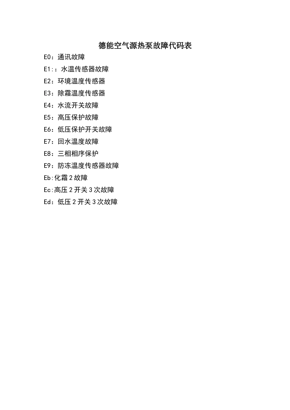 德能空气源热泵故障代码表1_第1页
