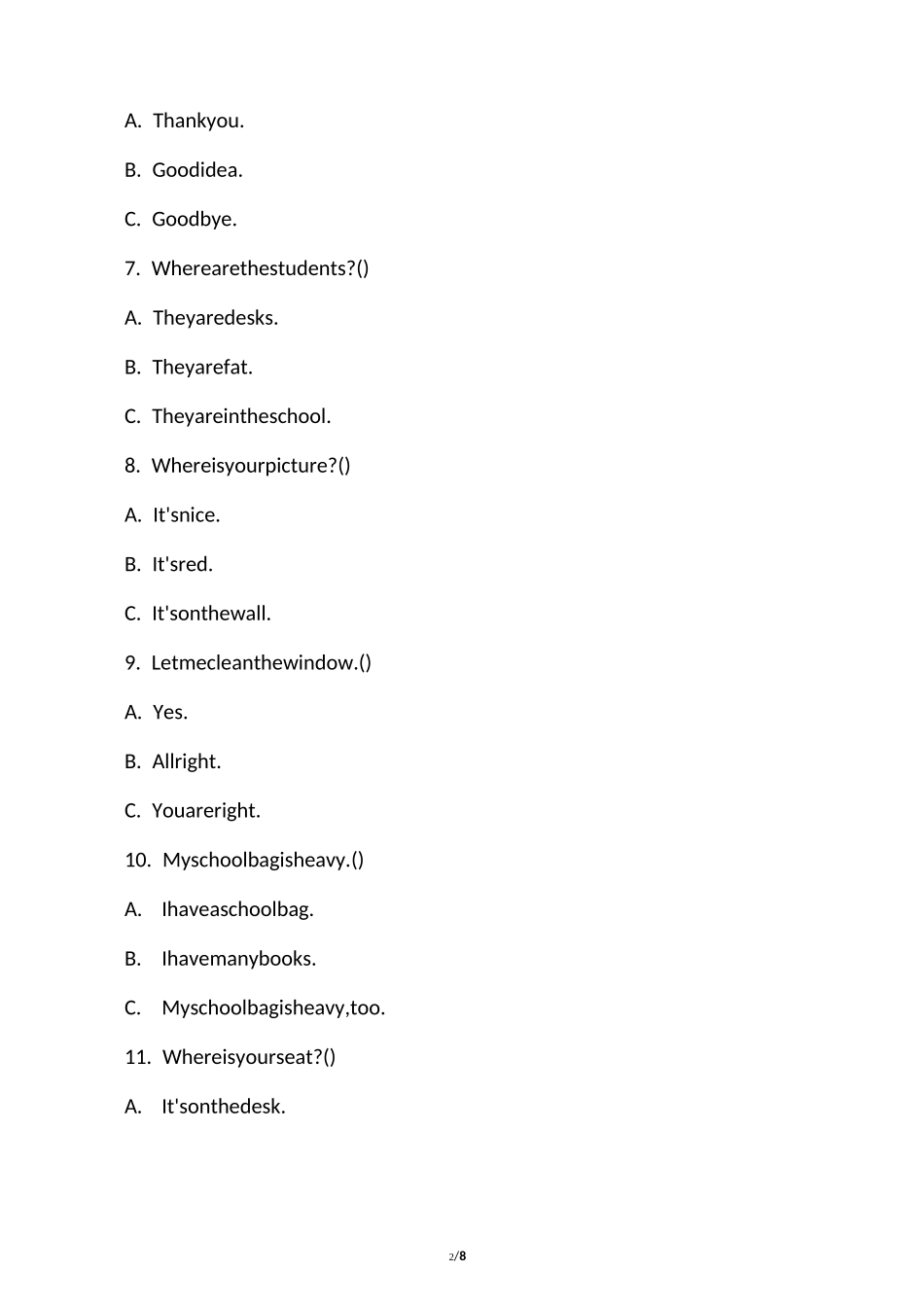 小学四年级英语根据问句选择合适的答语_第2页