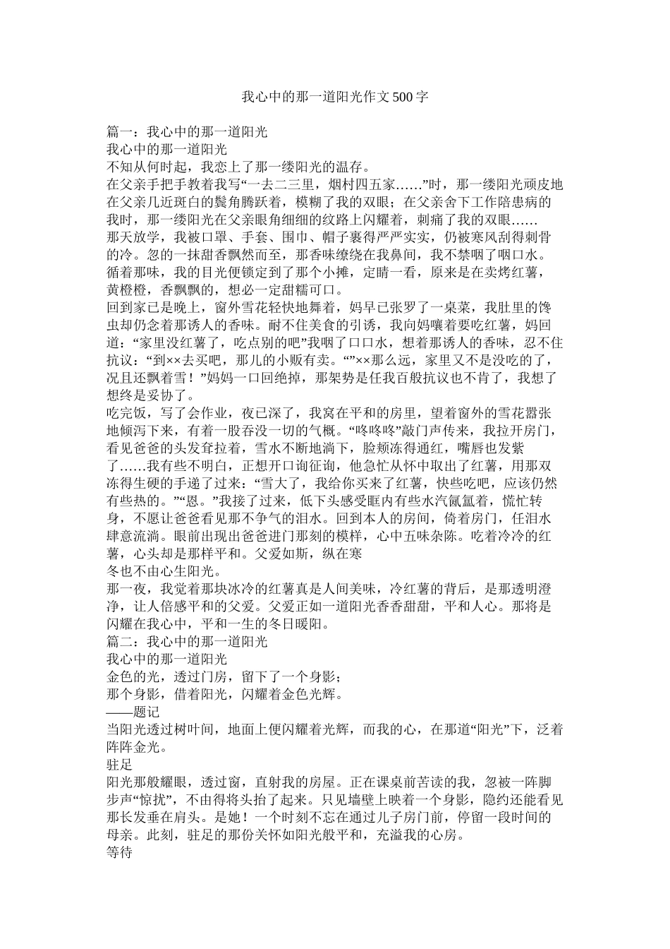 我心中的那一道阳光作文500字_第1页