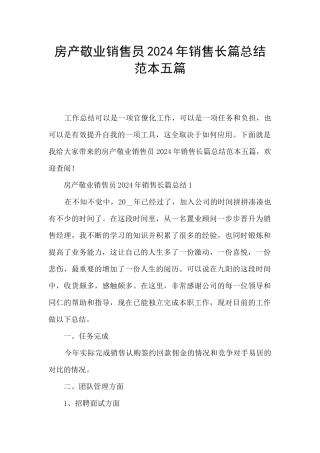 房产敬业销售员2024年销售长篇总结范本五篇