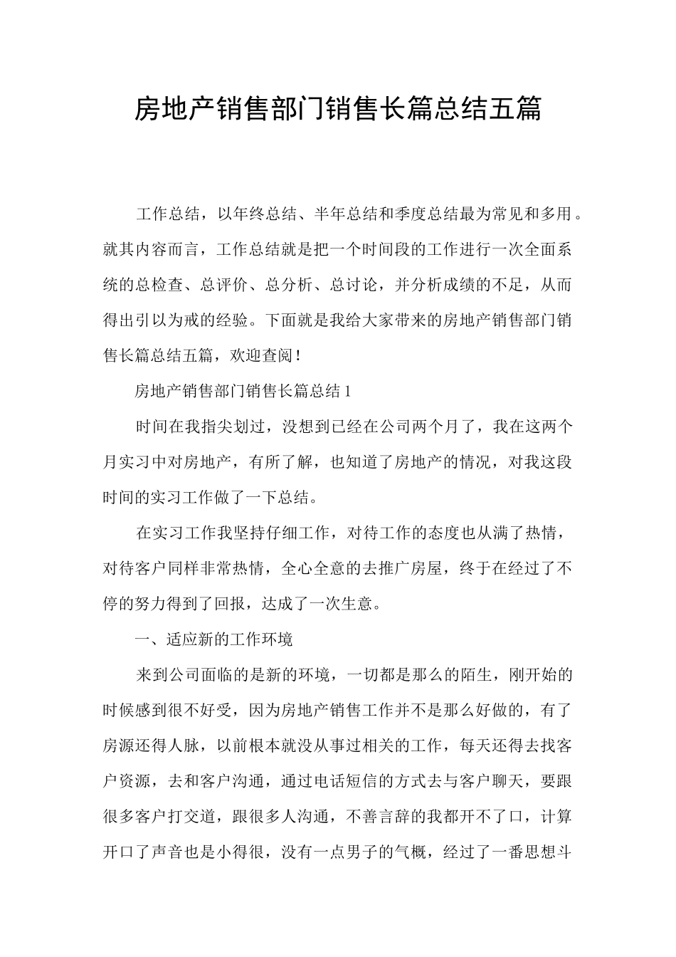 房地产销售部门销售长篇总结五篇_第1页