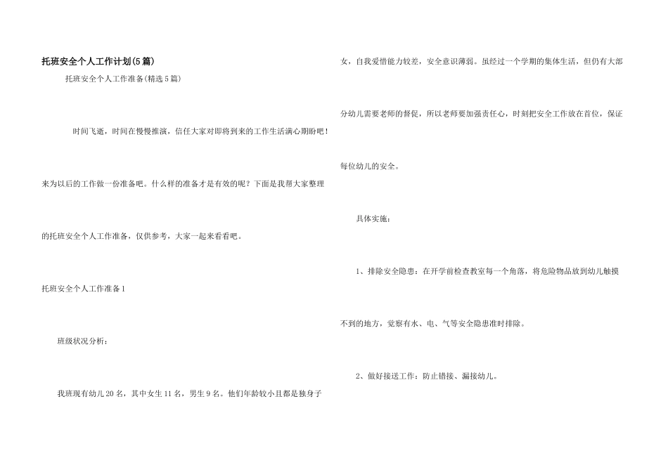 托班安全个人工作计划(5篇)_第1页