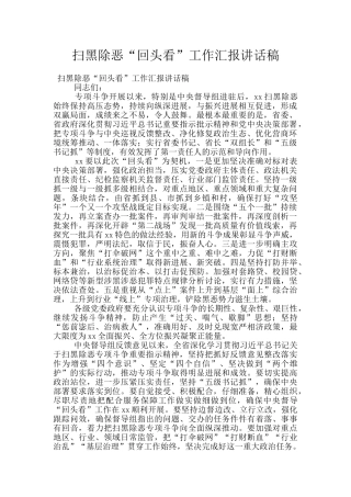 扫黑除恶“回头看”工作汇报讲话稿