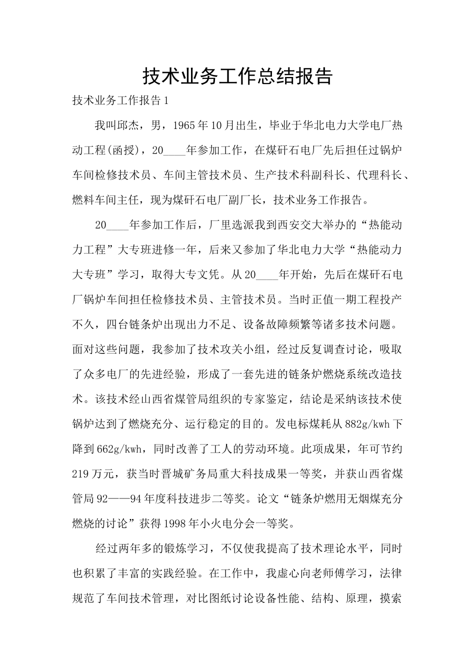 技术业务工作总结报告_第1页