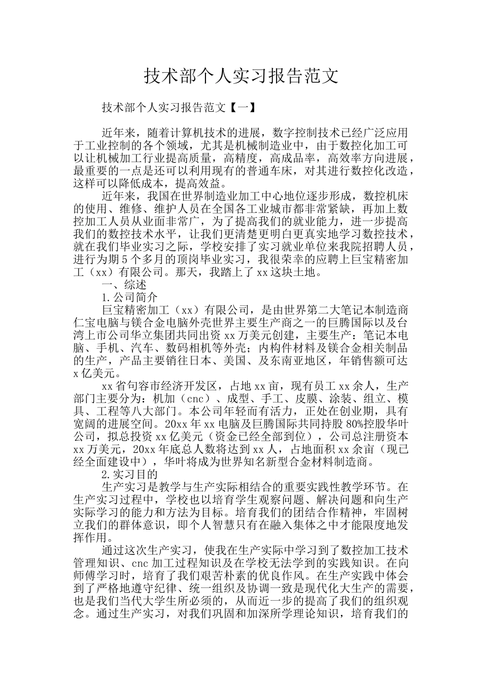 技术部个人实习报告范文_第1页