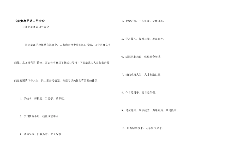 技能比赛团队口号大全_第1页