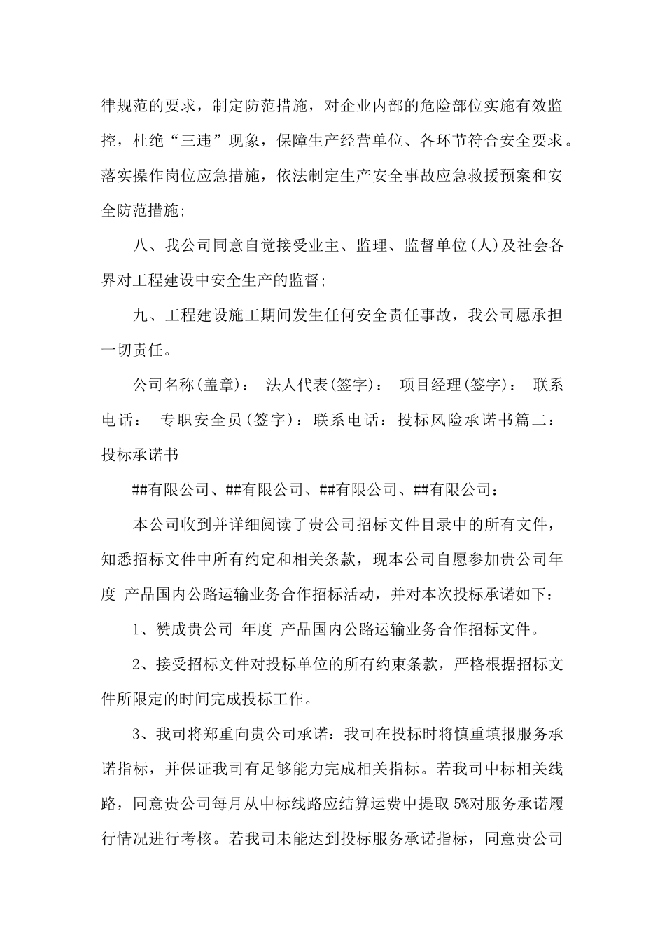 投标风险承诺书_第2页