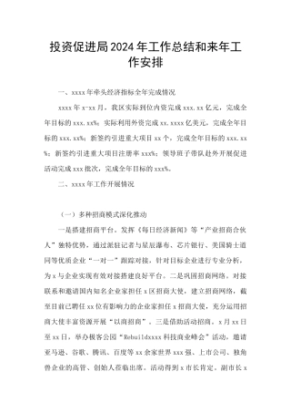 投资促进局2024年工作总结和来年工作安排