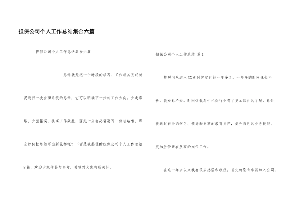 担保公司个人工作总结集合六篇_第1页