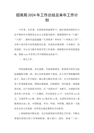 招商局2024年工作总结及来年工作计划