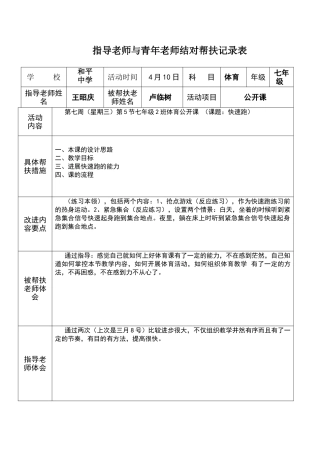 指导教师与青年教师结对帮扶记录表