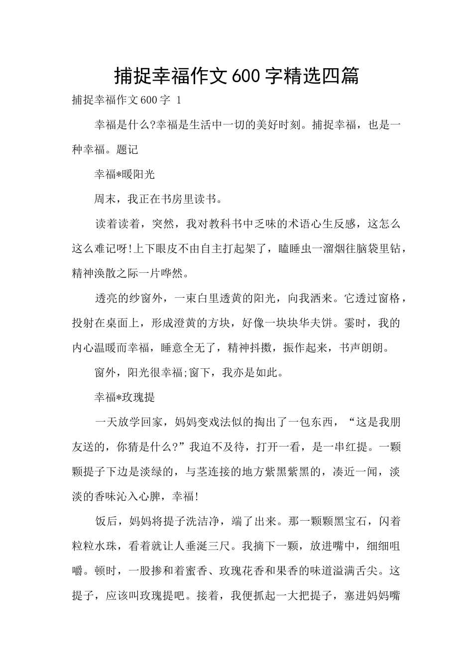 捕捉幸福作文600字精选四篇_第1页